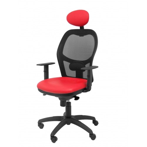 Silla Jorquera malla negra asiento similpiel rojo con cabecero fijo