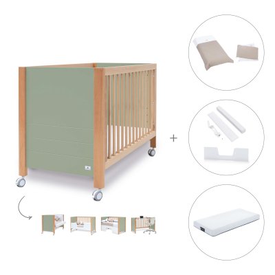 Cuna colecho madera/verde-oliva (5en1) 60x120 cm + colchón + textil Arena · Ombra