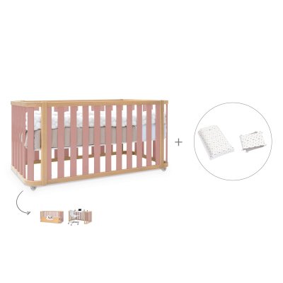 Cuna-cama 70x140 cm madera/rosa (3en1) + textil Taiga · Crea Plus Due Quarzo Rosa