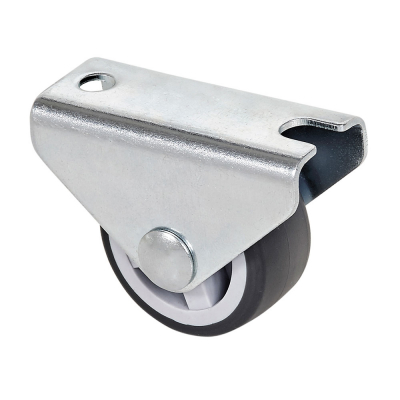 Rueda fija de goma con placa y eje liso de dos fijaciones, color gris, carga máx. 40 kg. ø 2,5 cm