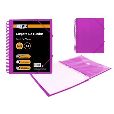 Ingraf Carpeta 50 Fundas A4 + Sobre con Broche - Espiral Plastica Indeformable - Apertura 360 Grados - Portada Personalizable - Color Morado