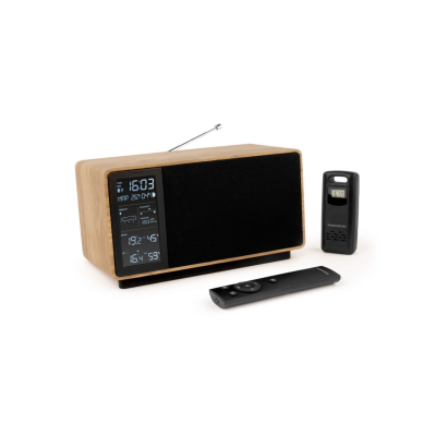 Thomson Altavoz Bluetooth con Estacion Meteorologica y Radio FM - Potencia Musical 50W - Pantalla Retroiluminada - Sonda Exterior Inalambrica - Color Madera y Negro