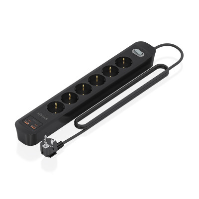 AISENS - REGLETA DE ENCHUFES MULTIFUNCION CON 6 TOMAS + CARGADOR PD3.0 20W 2xUSB-C, 2xUSB-A, 1.4M, NEGRO