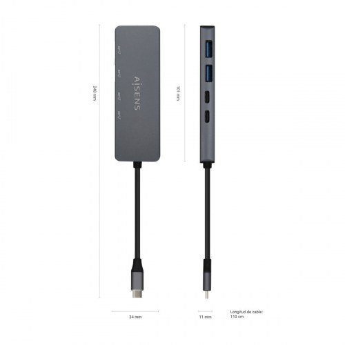 AISENS - HUB USB 3.2 GEN1 5G USB-C, USB-C/M-2xUSB-C/H-2xUSB-A/H, GRIS, 15CM