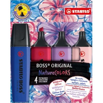 Stabilo Boss Naturecolors Wildflower Edition Pack de 4 Marcadores - Trazo entre 2 y 5mm - Tinta con Base de Agua - Colores Azul Marino, Colorete, Lila Grisaceo y Rojo Borgoña