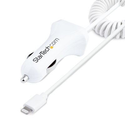 Cargador de Coche con Cable Rizado Lightning, Cable de 1m Rizado Lightning 12W Blanco, Cable Adaptador Cargador de Coche de 2 Puertos para iPhone y Tablet, Cargador 2x USB