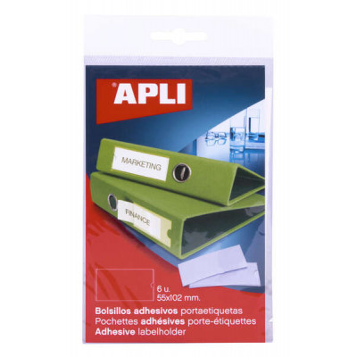 Apli Bolsillos Adhesivos para Etiquetas - 55 x 102mm - Cambia la Informacion de la Etiqueta Segun tus Necesidades - Contiene 6 Bolsillos por Bolsa