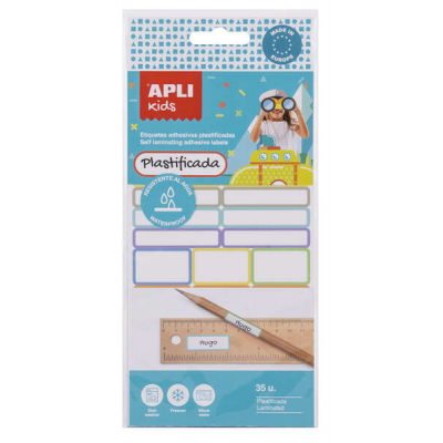 Apli Kids Pack de 35 Etiquetas Plastificadas Surtidas - Tres Tamaños: 46.5x10mm (14), 30.5x19mm (3), 30.6x11mm (18) - Alta Calidad y Durabilidad - Film Protector para Mayor Resistencia - Color Blanco
