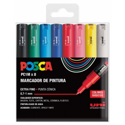 Posca PC1M Pack de 8 Marcadores de Pintura - Punta Conica 0.7mm - Tinta Base al Agua - No Permanente - Resistente a la Luz - Inodoro - Ideal para Carteleria y Decoracion - Colores Surtidos
