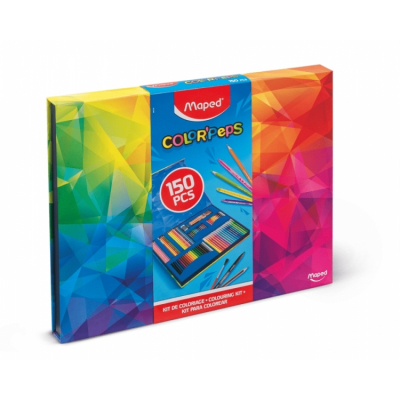 Maped Color`Peps Pack de 150 Piezas para Colorear con Rotuladores, Lapices de Colores Fuertes, Infinity, Aqua, Pastel y Duo World, Ceras, Rotulador con Purpurina, Lapiz Grafito, Pincel, Goma y Sacapun