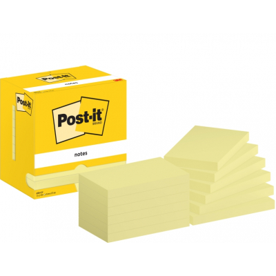 Post-It Pack de 12 Blocs de 100 Notas Adhesivas Reposicionables - Forma Rectangular - 76x127mm - Color Amarillo Claro