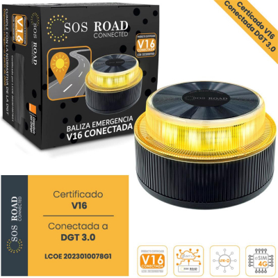 Luz de emergencia para coche SOS Road Connected EL2024 V16 - Homologada | Base imantada | Geolocalizable | Funciona a pilas