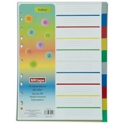 Mktape Pack de 10 Separadores - Tamaño A4 - Taladros Universales - Fabricado en Propileno - Color Variados