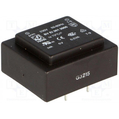 Transformador Encapsulado salida 6Vac 0,5VA Entrada 230Vac