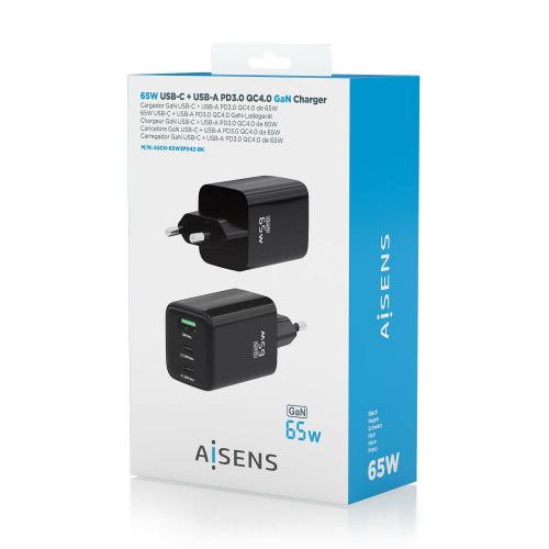 AISENS - CARGADOR GaN 65W, 2xUSB-C PD3.0 QC4.0, 1xUSB-A QC3.0, NEGRO