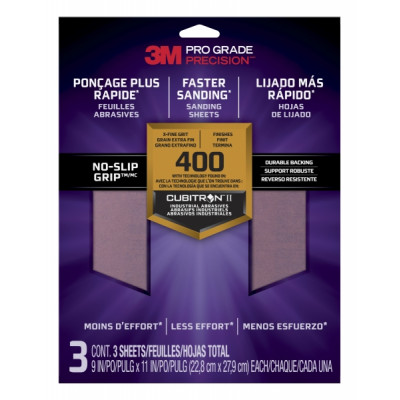 3M Pro Grade Precision Pack de 3 Hojas de Lijado - Grano 400 Extrafino - 22.8x27.9cm - Rendimiento Superior - Reduccion de Fatiga - Color Morado
