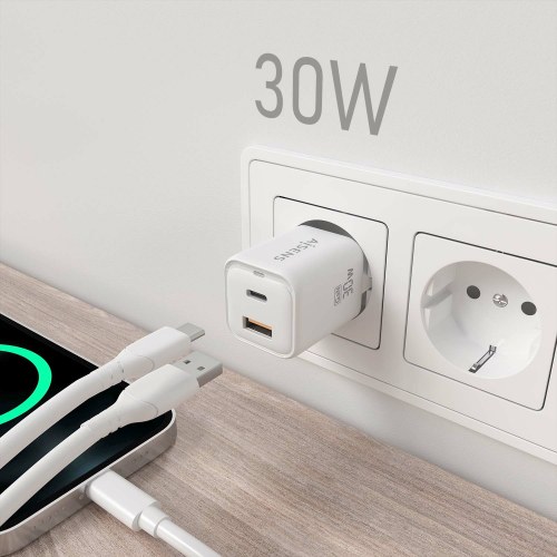 AISENS - CARGADOR GaN 30W, 1xUSB-C PD3.0 QC4.0, 1xUSB-A QC3.0, BLANCO