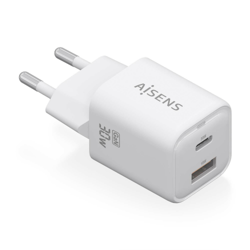 AISENS - CARGADOR GaN 30W, 1xUSB-C PD3.0 QC4.0, 1xUSB-A QC3.0, BLANCO