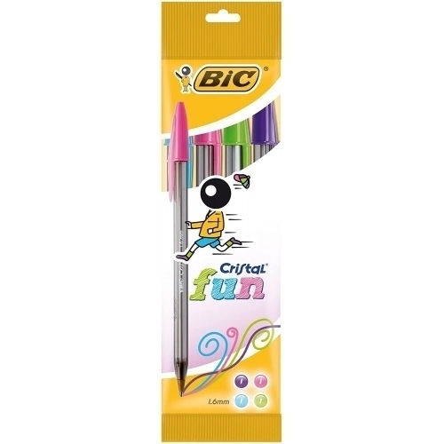 Bic Cristal Fun Pack de 4 Boligrafos de Bola - Punta Redonda de 1.6mm - Trazo 0.42mm - Tinta con Base de Aceite - Colores Surtidos