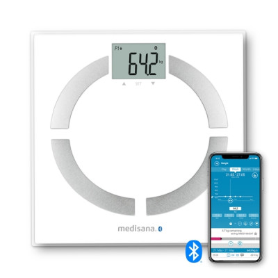 Medisana BS444 Bascula de Analisis Corporal con Bluetooth - Medicion de Peso, IMC, BMR y Composicion Corporal - Sensores de Alta Precision - Pantalla LCD Facil de Leer - Memoria para 8 Usuarios - Sinc