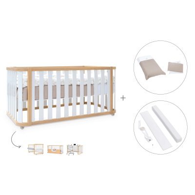 Cuna-cama colecho madera/blanca 70x140 cm (4en1) + textil Arena · Crea Plus Due Life