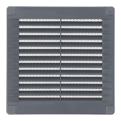 Rejilla ventilación cuadrada con tapones y mosquitera 150x150x7mm abs gris
