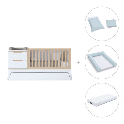 Cuna convertible blanco/madera 70x140 cm con cama nido + colchón + textil Mint · Zen K460