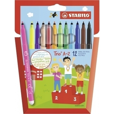 Stabilo Trio AZ Pack de 12 Rotulador de Punta Fina de Fibra - Trazo 0.7mm - Tinta Super Lavable - Forma Triangular - Colores Surtidos