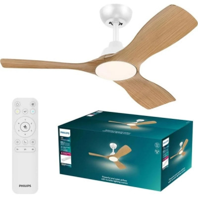 Ventilador de Techo Philips Olas Fan - LED 6500K | Aspas Fijas | 30W+24W | Mando a Distancia | Blanco y Madera