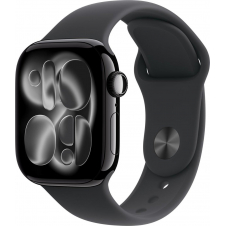 apple watch series 11 gps caja de aluminio negro azabache 42mm, color de correa negra correa deportiva talla m/l