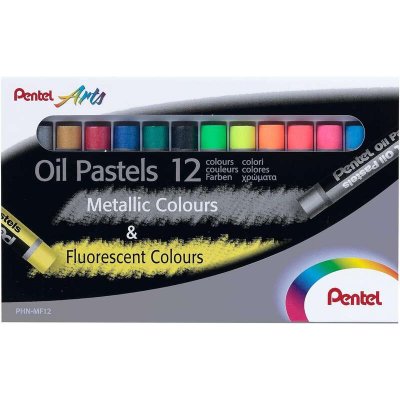 Pentel Oil Pastels Pack de 12 Pasteles Oleo - 6 Metalicos y 6 Fluorescentes - Blandos, Cremosos y de Secado Lento - Colores Metalicos y Fluorescentes Surtidos