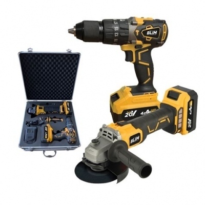 Blim Pack Radial a Bateria 20V 4Ah Velocidad 8500rpm Diametro Disco 115mm + Taladro Percutor 20V 4Ah Par Maximo 68Nm Velocidades 0-500rpm y 0-2000rpm - Incluye 2 Baterias y Maletin de Transporte de Al