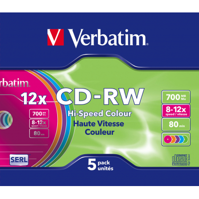 VERBATIM CD-RW 700Mb 8x-10x Slim Colores (Pack 5 Ud)