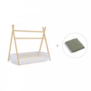 Cama cabaña Montessori madera 70x140 cm + toldo Espuma do mar · Homy Life