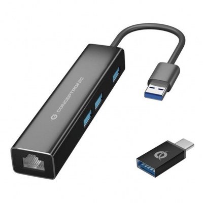 Adaptador conceptronic usb a gigabit ethernet rj45 - con hub usb 3.0 - 3 puertos - adaptador usb - c
