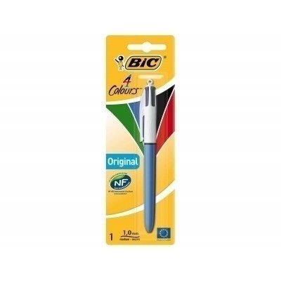 Bic 4 Colours Original Boligrafo de Bola Retractil - Punta Media de 1.0mm - Tinta con Base de Aceite - Cuerpo Azul/Blanco - 4 Colores