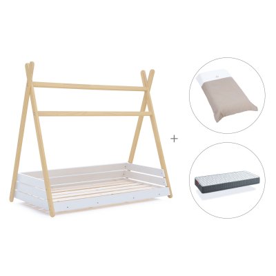 Cama júnior Montessori madera 90x200 cm + colchón + nórdico Arena · Homy Life XL