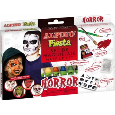 Alpino Fiesta Horror Pack de Maquillaje con 6 Barritas de Pintura Facial + Pincel + Tatuajes en Calcomania + Lapiz Perfilador y 2 Sobres de Purpurina - Se Lava con Agua - Testado Dermatologicamente