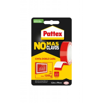 Pattex No mas Clavos Cinta Doble Cara 19mm x 1.5m - Fijacion Rapida y Limpia - Para Objetos Lisos en Interior y Exterior - Color Blanco