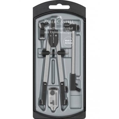 Faber-Castell Compas de Ajuste Rapido con Alargadera - Articulaciones en ambos Brazos - Accesorios de Recambio - Adaptador Universal
