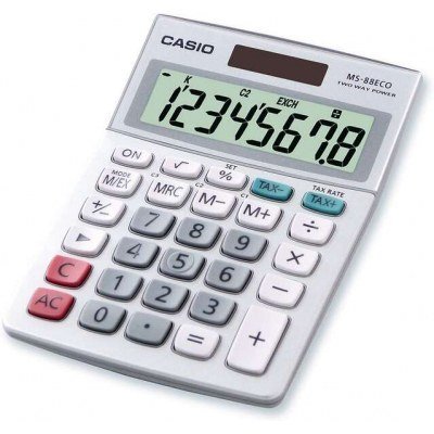 Casio MS88ECO Calculadora de Escritorio Financiera - Conversion de Moneda - Calculo de Impuestos - Pantalla LCD de 8 Digitos - Solar y Pilas