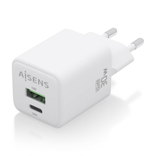 AISENS - CARGADOR GaN 30W, 1xUSB-C PD3.0 QC4.0, 1xUSB-A QC3.0, BLANCO