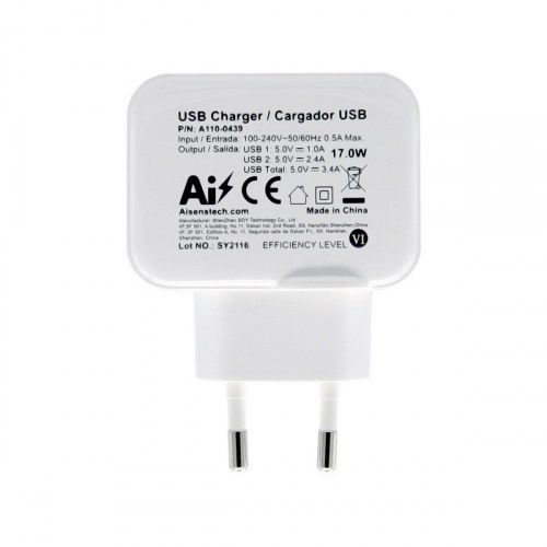 Aisens - Cargador Usb 17W 5V/3.4A, 2Xusb Con Control Ai, Blanco