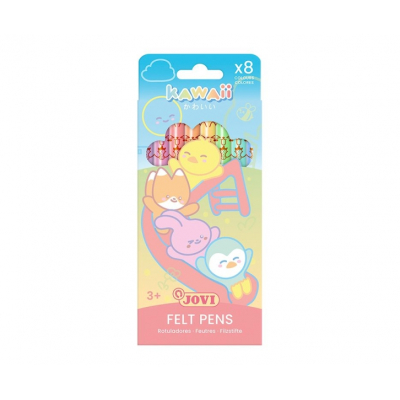 Jovi Kawaii Felt Pens Pack con 8 Rotuladores Punta Media de 3mm - Capuchon de Seguridad Ventilado - Grip Triangular Ergonomico - Colores Surtidos