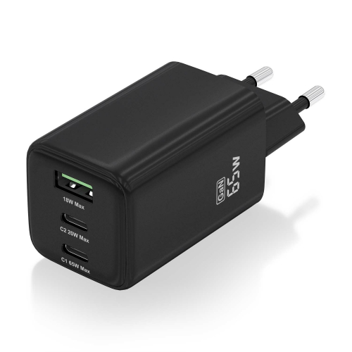 AISENS - CARGADOR GaN 65W, 2xUSB-C PD3.0 QC4.0, 1xUSB-A QC3.0, NEGRO