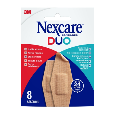 Nexcare Duo Pack de 8 Apositos Surtidos - Retirada Sin Dolor - Resistente al Agua - Transpirable - Color Piel