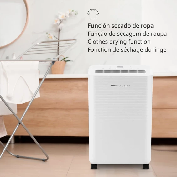 Deshumidificador Ufesa Deshumidificador Wellness Dry 2000 para estancias hasta 40 m2, 12 litros/día, depósito 2 litros, 47 dB, secado de ropa, blanco - imagen 5