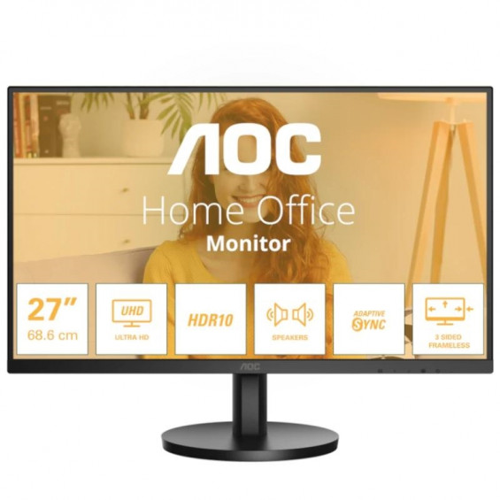 Monitor AOC U27B3A, 27 pulgadas, 4K UHD (3840×2160), IPS, 60 Hz, 4 ms GtG, HDR 10, altavoces, HDMI, DisplayPort, clase F, negro