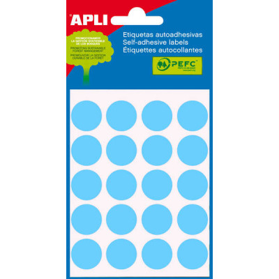 Apli Minibolsa de 100 Etiquetas Redondas Ø 19mm - 5 Hojas por 20 Etiquetas - Adhesivo Permanente - Aptas para Escritura con Lapiz, Boligrafo y Rotulador - Color Azul
