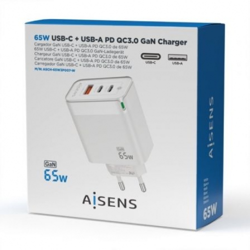 Cargador de Pared Aisens ASCH-65W3P007-W/ 2xUSB Tipo-C/ 1x USB/ 65W